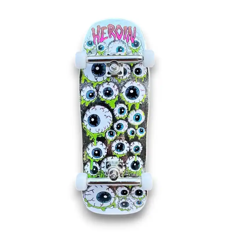Custom Pro X Heroin Skateboards Eyes Fingerboard Complete 1 Custom Pro X Heroin Skateboards Eyes Fingerboard Silver Complete